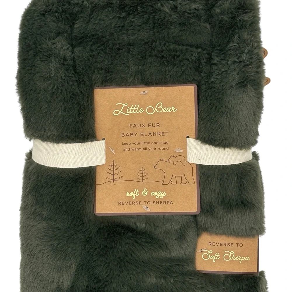 LITTLE BEAR Faux Fur Reversible Sherpa Baby Blanket | Forest Green | Unisex Gift